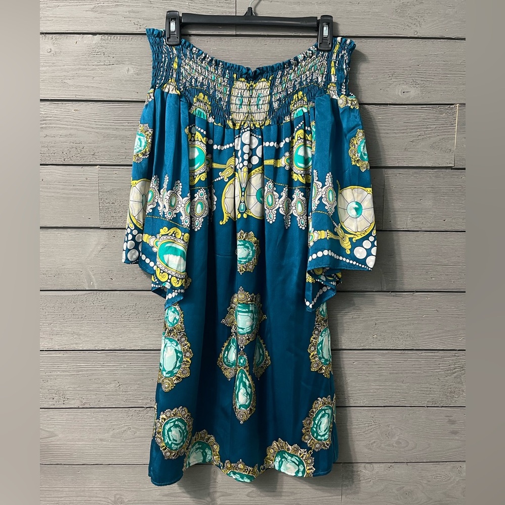 Voom by Joy Han Off Shoulder Satin Dress in Teal Jewels Print Sz M Summer Vacay